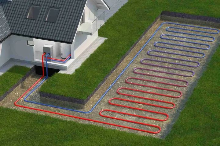 Ground loop trenches prepared for heat pump installation in Knighton